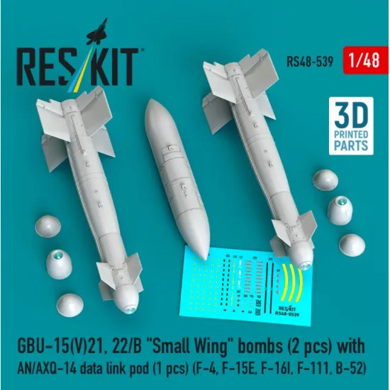 Reskit Rs48-0539 1/48 Gbu-15 V21 22/B Small Wing Bombs 2pcs With An/Axq-14 Data Link Pod 1pcs F-4 F-15e F-16i F-111 B-52 3d Printed
