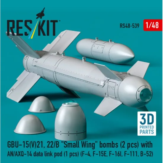 Reskit Rs48-0539 1/48 Gbu-15 V21 22/B Small Wing Bombs 2pcs With An/Axq-14 Data Link Pod 1pcs F-4 F-15e F-16i F-111 B-52 3d Printed
