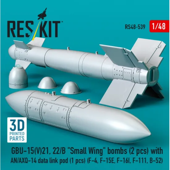 Reskit Rs48-0539 1/48 Gbu-15 V21 22/B Small Wing Bombs 2pcs With An/Axq-14 Data Link Pod 1pcs F-4 F-15e F-16i F-111 B-52 3d Printed