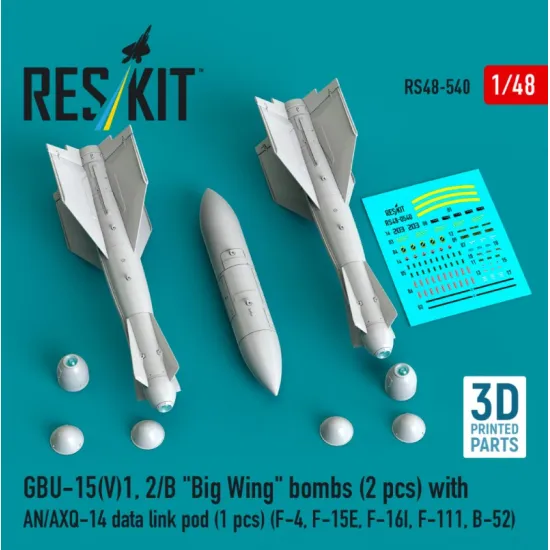Reskit Rs48-0540 1/48 Gbu-15 V1 2/B Big Wing Bombs 2pcs With An/Axq-14 Data Link Pod 1pcs F-4 F-15e F-16i F-111 B-52 3d Printed