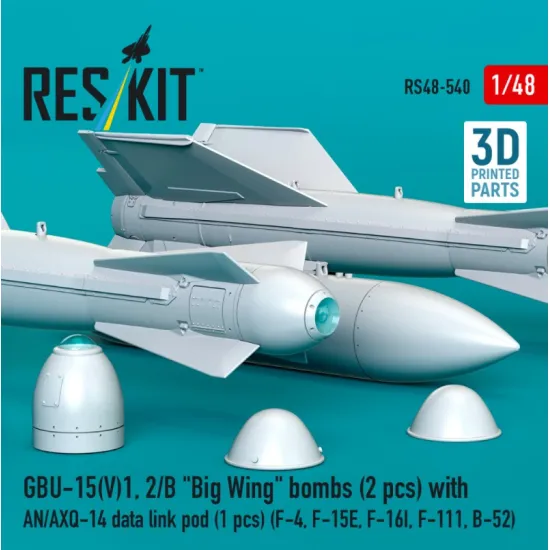 Reskit Rs48-0540 1/48 Gbu-15 V1 2/B Big Wing Bombs 2pcs With An/Axq-14 Data Link Pod 1pcs F-4 F-15e F-16i F-111 B-52 3d Printed