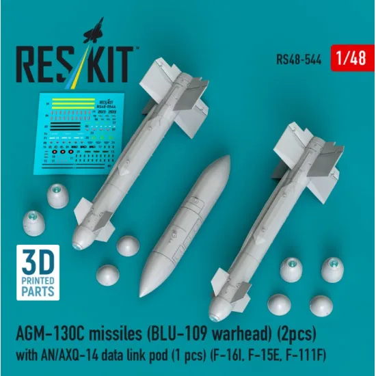 Reskit Rs48-0544 1/48 Agm-130c Missiles 2pcs Blu-109 Warhead With An/Axq-14 Data Link Pod 1pcs F-16i F-15e F-111f 3d Printed