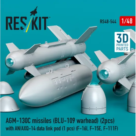 Reskit Rs48-0544 1/48 Agm-130c Missiles 2pcs Blu-109 Warhead With An/Axq-14 Data Link Pod 1pcs F-16i F-15e F-111f 3d Printed