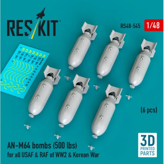 Reskit Rs48-0545 1/48 An-m64 Bombs 6pcs 500 Lbs For All Usaf Raf Of Ww2 Korean War 3d Printed