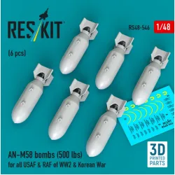 Reskit Rs48-0546 1/48 An-m58 Bombs 6pcs 500 Lbs For All Usaf Raf Of Ww2 Korean War 3d Printed