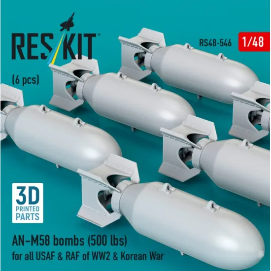 Reskit Rs48-0546 1/48 An-m58 Bombs 6pcs 500 Lbs For All Usaf Raf Of Ww2 Korean War 3d Printed