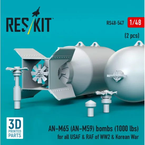 Reskit Rs48-0547 1/48 An-m65 An-m59 Bombs 2pcs 1000 Lbs For All Usaf Raf Of Ww2 Korean War 3d Printed