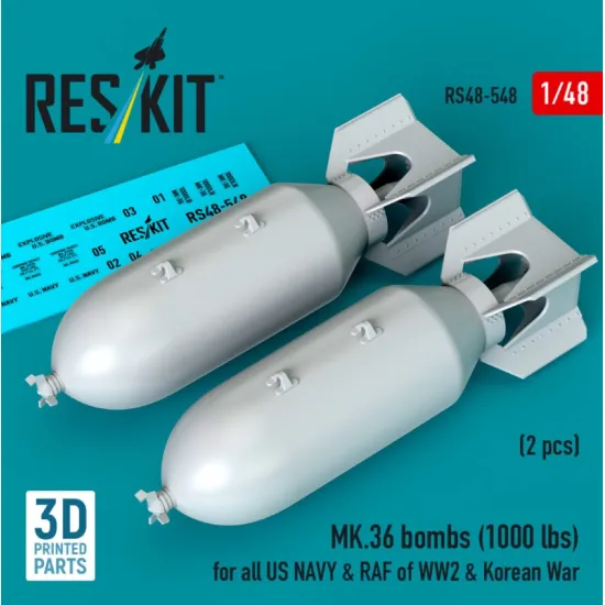 Reskit Rs48-0548 1/48 Mk36 Bombs 2pcs 1000 Lbs For All Us Navy Raf Of Ww2 Korean War 3d Printed
