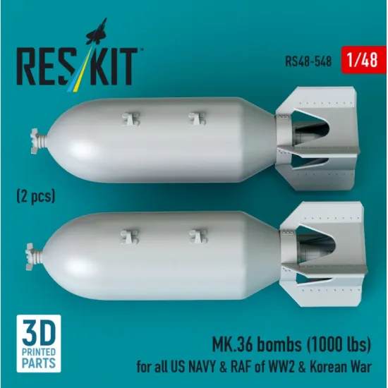 Reskit Rs48-0548 1/48 Mk36 Bombs 2pcs 1000 Lbs For All Us Navy Raf Of Ww2 Korean War 3d Printed