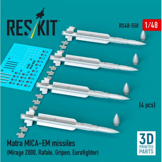 Reskit Rs48-0550 1/48 Matra Mica-em Missiles 4pcs Mirage 2000 Rafale Gripen Eurofighter 3d Printed