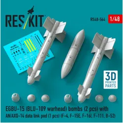 Reskit Rs48-0564 1/48 Egbu-15 Blu-109 Warhead Bombs 2pcs With An/Axq-14 Data Link Pod 1pcs F-4 F-15e F-16i F-111 B-52 3d Printed