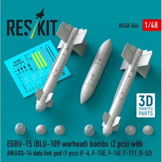 Reskit Rs48-0564 1/48 Egbu-15 Blu-109 Warhead Bombs 2pcs With An/Axq-14 Data Link Pod 1pcs F-4 F-15e F-16i F-111 B-52 3d Printed