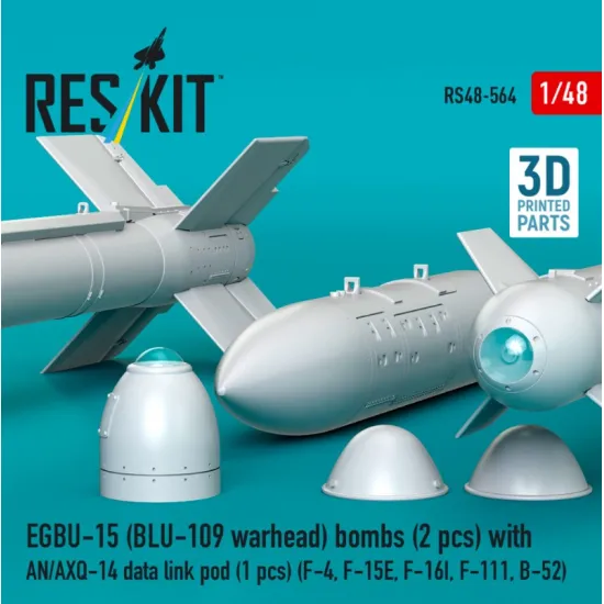 Reskit Rs48-0564 1/48 Egbu-15 Blu-109 Warhead Bombs 2pcs With An/Axq-14 Data Link Pod 1pcs F-4 F-15e F-16i F-111 B-52 3d Printed