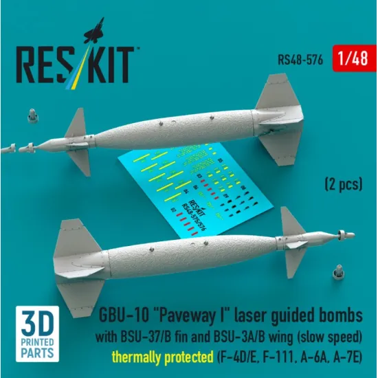 Reskit Rs48-0576 1/48 Gbu-10 Paveway I Laser Guided Bombs With Bsu-37/B Fin And Bsu-3a/B Wing Slow Speed Thermally Protected 2pcs F-4d/E F-111 A-6a A-7e 3d Printed