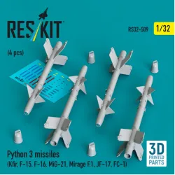 Reskit Rs32-0509 1/32 Python 3 Missiles 4 Pcs Kfir F-15 F-16 Mig-21 Mirage F1 Jf-17 Fc-1 3d Printed