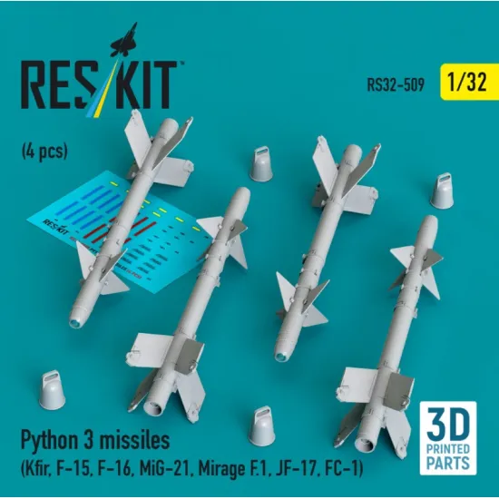 Reskit Rs32-0509 1/32 Python 3 Missiles 4 Pcs Kfir F-15 F-16 Mig-21 Mirage F1 Jf-17 Fc-1 3d Printed