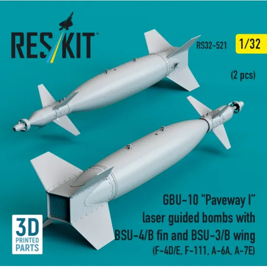 Reskit Rs32-0521 1/32 Gbu-10 Paveway I Laser Guided Bombs With Bsu-4/B Fin And Bsu-3/B Wing 2 Pcs F-4d/E F-111 A-6a A-7e 3d Printed