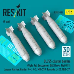 Reskit Rs32-0535 1/32 Bl755 Cluster Bombs 4pcs Alpfa Jet Buccaneer Bae Hawk Fiat G91 Jaguar Harrier Hunter F-4 F-5 Mb-339 Tornado J-22 Mig-27 3d Printed