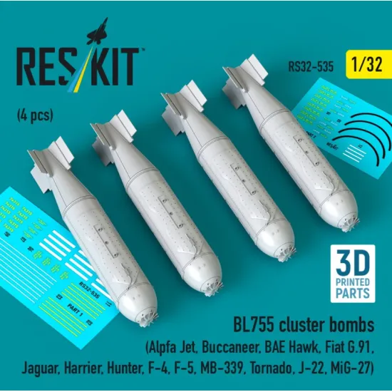 Reskit Rs32-0535 1/32 Bl755 Cluster Bombs 4pcs Alpfa Jet Buccaneer Bae Hawk Fiat G91 Jaguar Harrier Hunter F-4 F-5 Mb-339 Tornado J-22 Mig-27 3d Printed