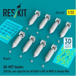 Reskit Rs32-0537 1/32 An-m57 Bombs 250 Lbs Box-type Fin For All Usaf Raf Of Ww2 Korean War 8 Pcs 3d Printed