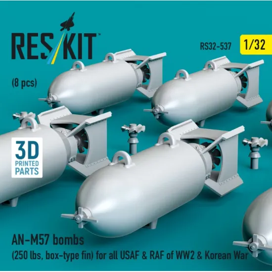 Reskit Rs32-0537 1/32 An-m57 Bombs 250 Lbs Box-type Fin For All Usaf Raf Of Ww2 Korean War 8 Pcs 3d Printed