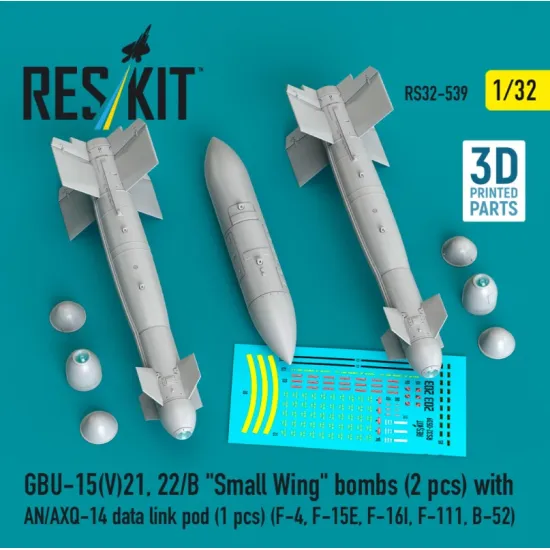 Reskit Rs32-0539 1/32 Gbu-15v21 22/B Small Wing Bombs 2 Pcs With An/Axq-14 Data Link Pod 1 Pcs F-4 F-15e F-16i F-111 B-52 3d Printed