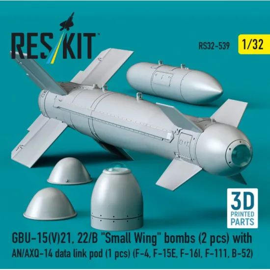 Reskit Rs32-0539 1/32 Gbu-15v21 22/B Small Wing Bombs 2 Pcs With An/Axq-14 Data Link Pod 1 Pcs F-4 F-15e F-16i F-111 B-52 3d Printed