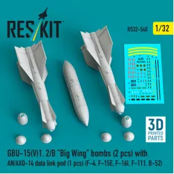 Reskit Rs32-0540 1/32 Gbu-15v1 2/B Big Wing Bombs 2 Pcs With An/Axq-14 Data Link Pod 1 Pcs F-4 F-15e F-16i F-111 B-52 3d Printed