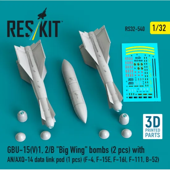 Reskit Rs32-0540 1/32 Gbu-15v1 2/B Big Wing Bombs 2 Pcs With An/Axq-14 Data Link Pod 1 Pcs F-4 F-15e F-16i F-111 B-52 3d Printed