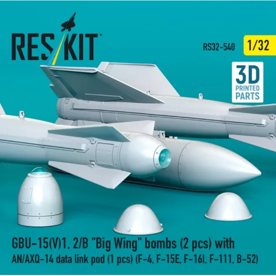 Reskit Rs32-0540 1/32 Gbu-15v1 2/B Big Wing Bombs 2 Pcs With An/Axq-14 Data Link Pod 1 Pcs F-4 F-15e F-16i F-111 B-52 3d Printed