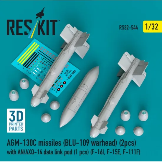 Reskit Rs32-0544 1/32 Agm-130c Missiles Blu-109 Warhead 2pcs With An/Axq-14 Data Link Pod 1pcs F-16i F-15e F-111f 3d Printed