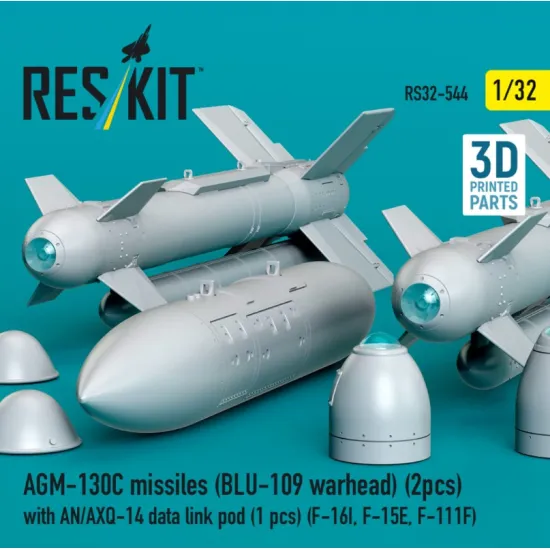 Reskit Rs32-0544 1/32 Agm-130c Missiles Blu-109 Warhead 2pcs With An/Axq-14 Data Link Pod 1pcs F-16i F-15e F-111f 3d Printed