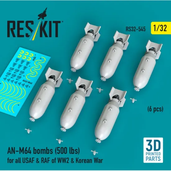 Reskit Rs32-0545 1/32 An-m64 Bombs 500 Lbs For All Usaf Raf Of Ww2 Korean War 6 Pcs 3d Printed