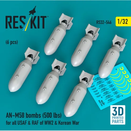 Reskit Rs32-0546 1/32 An-m58 Bombs 500 Lbs For All Usaf Raf Of Ww2 Korean War 6 Pcs 3d Printed