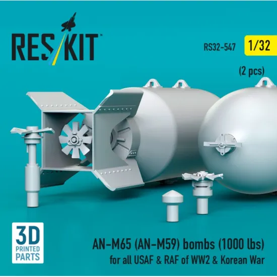 Reskit Rs32-0547 1/32 An-m65 An-m59 Bombs 1000 Lbs For All Usaf Raf Of Ww2 Korean War 2 Pcs 3d Printed