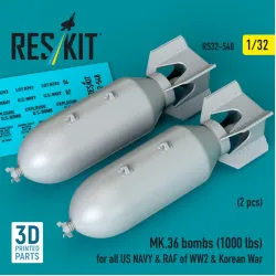 Reskit Rs32-0548 1/32 Mk36 Bombs 1000 Lbs For All Us Navy Raf Of Ww2 Korean War 2 Pcs 3d Printed