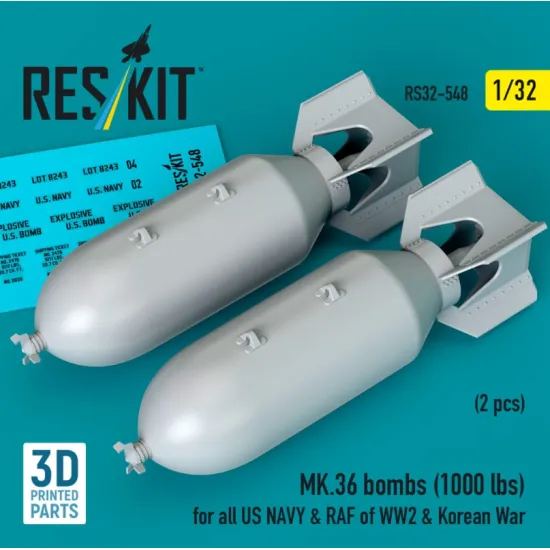 Reskit Rs32-0548 1/32 Mk36 Bombs 1000 Lbs For All Us Navy Raf Of Ww2 Korean War 2 Pcs 3d Printed