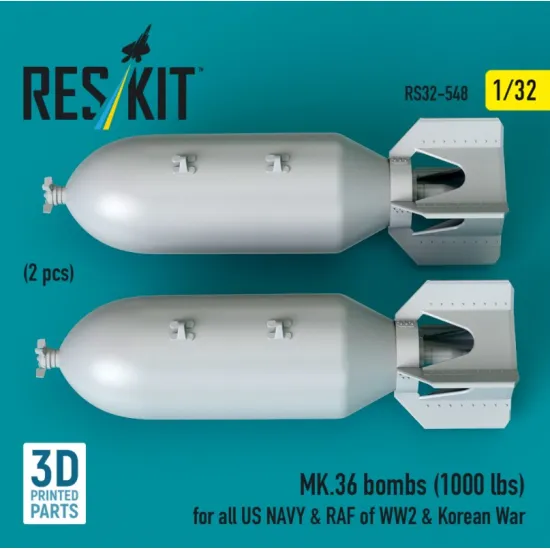 Reskit Rs32-0548 1/32 Mk36 Bombs 1000 Lbs For All Us Navy Raf Of Ww2 Korean War 2 Pcs 3d Printed