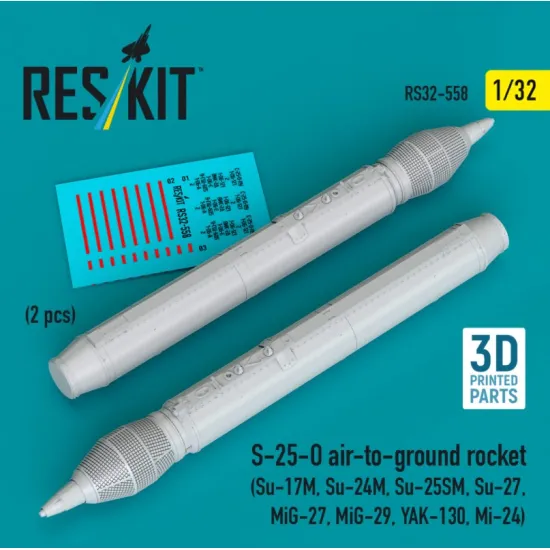 Reskit Rs32-0558 1/32 S-25-o Air-to-ground Rocket 2 Pcs Su-17m Su-24m Su-25sm Su-27 Mig-27 Mig-29 Yak-130 Mi-24 3d Printed
