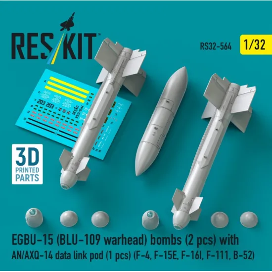 Reskit Rs32-0564 1/32 Egbu-15 Blu-109 Warhead Bombs 2 Pcs With An/Axq-14 Data Link Pod 1 Pcs F-4 F-15e F-16i F-111 B-52 3d Printed