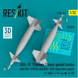 Reskit Rs32-0575 1/32 Gbu-10 Paveway I Laser Guided Bombs With Bsu-37/B Fin And Bsu-3a/B Wing Slow Speed 2 Pcs F-4d/E F-111 A-6a A-7e 3d Printed