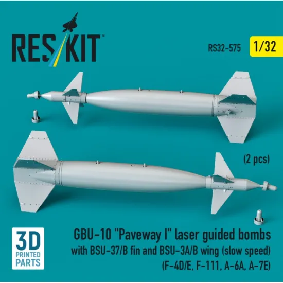Reskit Rs32-0575 1/32 Gbu-10 Paveway I Laser Guided Bombs With Bsu-37/B Fin And Bsu-3a/B Wing Slow Speed 2 Pcs F-4d/E F-111 A-6a A-7e 3d Printed