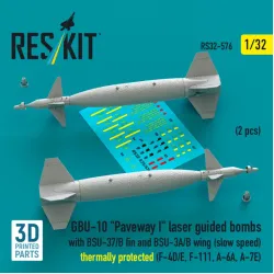 Reskit Rs32-0576 1/32 Gbu-10 Paveway I Laser Guided Bombs With Bsu-37/B Fin And Bsu-3a/B Wing Slow Speed Thermally Protected 2 Pcs F-4d/E F-111 A-6a A-7e 3d Printed
