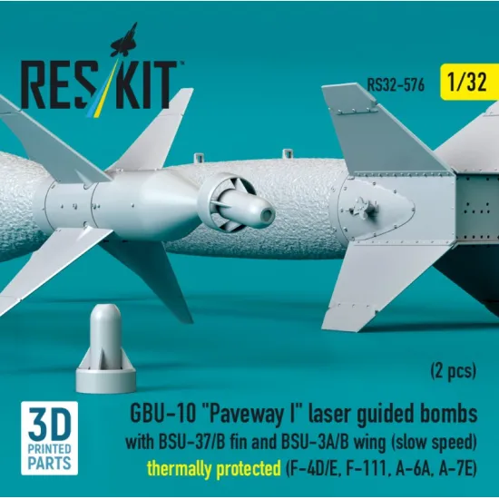 Reskit Rs32-0576 1/32 Gbu-10 Paveway I Laser Guided Bombs With Bsu-37/B Fin And Bsu-3a/B Wing Slow Speed Thermally Protected 2 Pcs F-4d/E F-111 A-6a A-7e 3d Printed