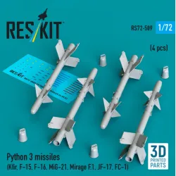 Reskit Rs72-0509 1/72 Python 3 Missiles 4 Pcs Kfir F-15 F-16 Mig-21 Mirage F 1 Jf-17 Fc-1 3d Printed