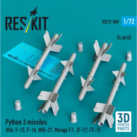 Reskit Rs72-0509 1/72 Python 3 Missiles 4 Pcs Kfir F-15 F-16 Mig-21 Mirage F 1 Jf-17 Fc-1 3d Printed