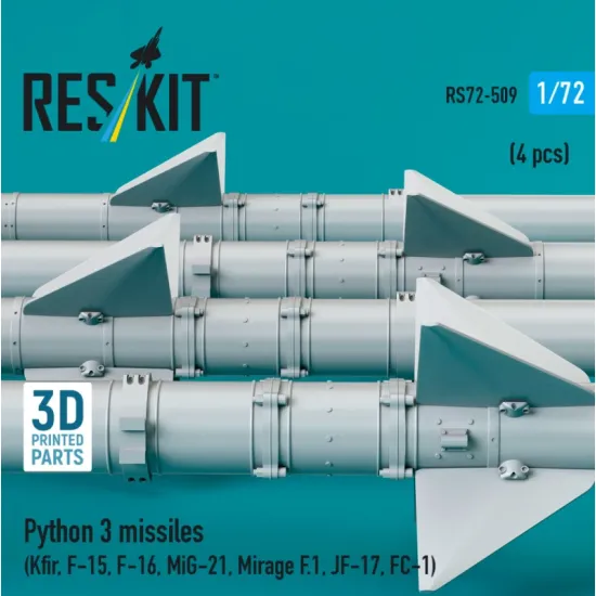 Reskit Rs72-0509 1/72 Python 3 Missiles 4 Pcs Kfir F-15 F-16 Mig-21 Mirage F 1 Jf-17 Fc-1 3d Printed