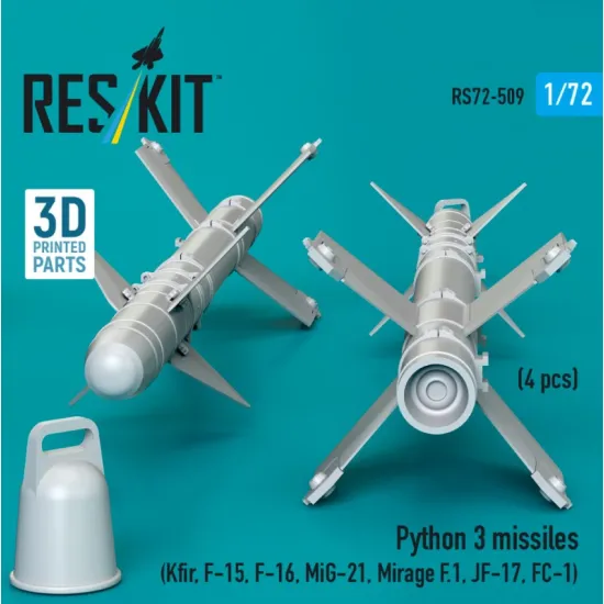 Reskit Rs72-0509 1/72 Python 3 Missiles 4 Pcs Kfir F-15 F-16 Mig-21 Mirage F 1 Jf-17 Fc-1 3d Printed