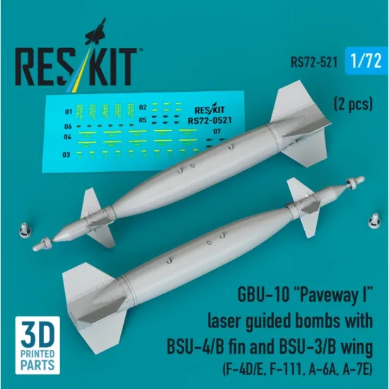 Reskit Rs72-0521 1/72 Gbu-10 Paveway 1 Laser Guided Bombs With Bsu-4/B Fin And Bsu-3/B Wing 2pcs F-4d/E F-111 A-6a A-7e 3d Printed