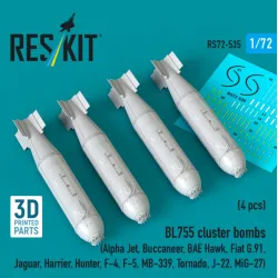 Reskit Rs72-0535 1/72 Bl755 Cluster Bombs 4 Pcs Alpha Jet Buccaneer Bae Hawk Fiat G91 Jaguar Harrier Hunter F-4 F-5 Mb-339 Tornado J-22 Mig-27 3d Printed